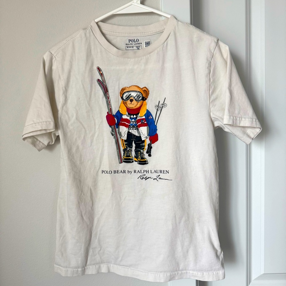 Polo Ralph Lauren White Kids’ T-shirt Size Medium Bear Skiing Winter Holiday - Picture 1 of 11